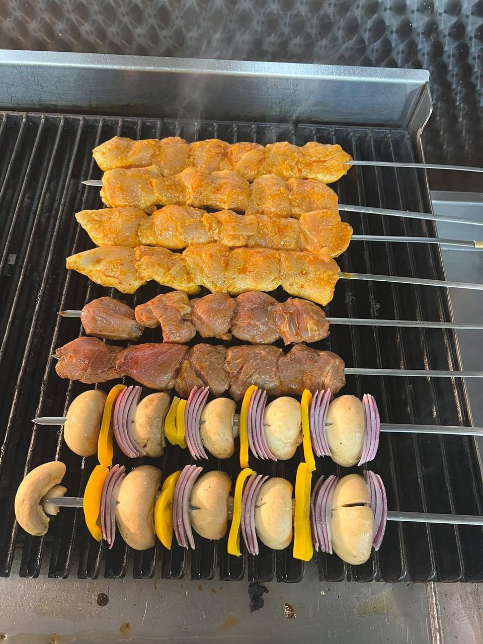 Chicken, lamb and vegetable shish skewers on the grill